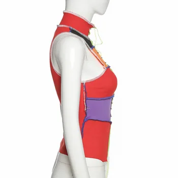 High street gadījuma raibs adīti sieviešu tank tops bez piedurknēm, augstu uzrullētu apkakli 2020. gadam, modes streetwear vasaras elastīgs sportisks veste