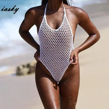 IASKY 2019 Jaunu trikotāžas dobi no viena gabala, peldmēteļi, sexy sievietes zivju neto Monokini peldkostīms, Peldbikses