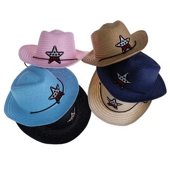Āra bērnu džeza kovboju cepure vasaras salmu cepure zēniem un meitenēm zvaigzne plāksteris saules cepure cute bērnu beach sejsegu