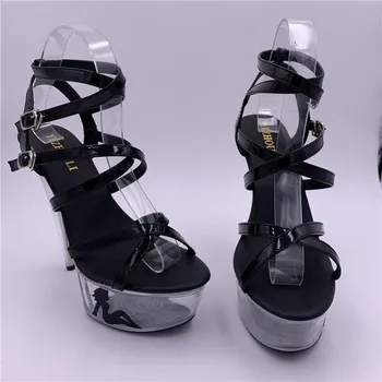 15cm ultra augsta papēži, seksīga platforma ar caurspīdīgu kristālu sandales 6 collu sieviešu kurpes melnā sniegumu apavi