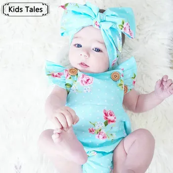2 gab. / komplekts Vasaras 2020. Gadam Cute Baby Meitenes Ziedu Piedurknēm Kuģīši + Galvas Vasaras Sieviešu Pludmales Tērps, Apģērbs, Apģērbu Komplekts SR162