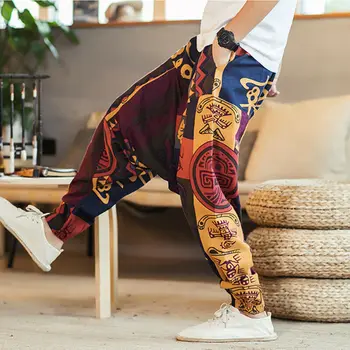 2019. gada Rudenī Vīriešu Kokvilnas Kabatas Harēma Bikses Hip Hop Joggers Čigānu Hipiju Kritums Kājstarpes Vīriešu Bikses Man Treniņbikses Streetwear M-3XL