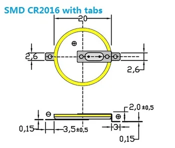 20pcs/Daudz Augstas kvalitātes SMD CR2016 poga šūnu akumulators ar Tapām/ Cilnes,Horizontāla un Virsmas montāžas veids, lai PCB