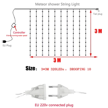 320 LED String Light Ūdensizturīgs Meteor Duša Lietus, Ūdenskritums, Ziemassvētku Lampas LED Gaismas Apdares Aizkaru Pasaku String Istabu