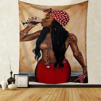 Afro Āfrikas Melnās Mākslas Gobelēns Amerikāņu Sieviete, Karaliene Sarkanvīna Meditācija Hipiju Hip Hop Meitene Sienas Karājas Gobelēni Mājas Dekoru
