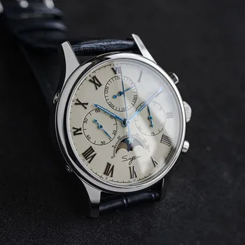 Black dial mehāniskās vīriešiem skatīties tiešām moonphase funkcija date modes rokas pulkstenis kaija chronograph movment gooseneck Gaismas