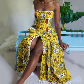 Boho Vasaras Dzeltenu Ziedu Iespiests Kleitas Strapless Sexy Beach Hawaii Sadalīt Ilgi Līnijas Mantija, Jauns Modes 2021 Femme Vestiods