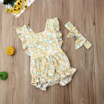 Bērnu Bodysuit 2019 Vasaras Jaundzimušā Bērna Baby Girl Ziedu Drēbes Savirmot Bez Piedurknēm Bodysuit Sunsuit Apģērbs