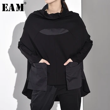 [EAM] ir 2021. Jaunā Pavasara Rudens Augstu Apkakli, garām Piedurknēm Melnā Hit Krāsu Kabatas Sadalīt Kopīgo Lielo Izmēru Sieviešu Krekls Modes JQ0180