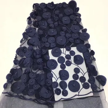Franču Mežģīnes Auduma Modes Augstas Kvalitātes Melnā Handwork Apli 3D Ziedi Auduma Āfrikas Skaistu Acu Mežģīņu Auduma, Ar Pērlītēm CD