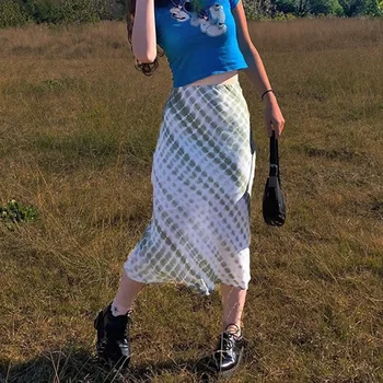 Harajuku E-Meitene 90S Modes Midi Svārki Zaļā krāsā Iespiests Y2K Vintage Augstas Gaida, Svārki Rudenī Sieviešu Streetwear Indie Apģērbs