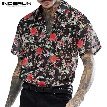 INCERUN ir 2021. Vīriešiem Ziedu Drukāt Havaju Pludmales Krekls ar Īsām Piedurknēm Atloks Ikdienas Blūze Vasaras Brīvdienas Streetwear Krekli Hombre 3XL