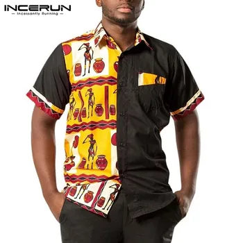 INCERUN Vīriešu Krekls Āfrikas Apģērbu ar Īsām Piedurknēm Vasaras Streetwear Drukāt Savārstījums Ir 2021. Dashiki Ikdienas Krekli Modes Atloks Camisa