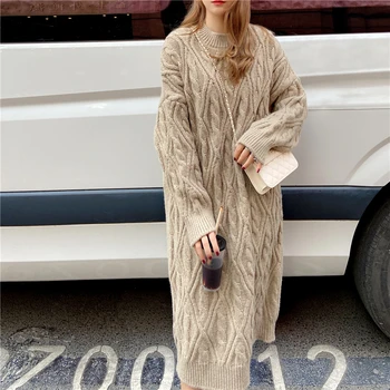 Jaunajā 2020. gada Rudens Ziemas Sieviešu Džemperi, Kleitas, Vintage korejiešu Stilā, Adīšanas Elegants Lielajam Sabiezēt Silts Dāmas Midi Kleitas