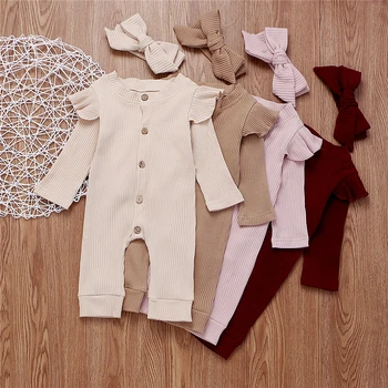 Jaundzimušais Baby Romper Meitene, kas Dzimuši Drēbes Bedres Svītrains Audums Jumpsuit Uzvalks Adīta ar garām piedurknēm Pogas Zīdaiņu Apģērbs Zīdaiņiem