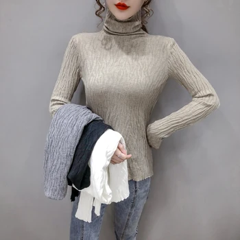 Jaunā stila rudenī un ziemā 2020. gadam, ar vidukli, slēdzenes un plānas trikotāžas džemperis, augsta apkakle un cieto krāsas garās zeķes sievietēm