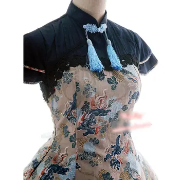 Klasiskās Pusi Piedurknēm Līmeņu Melnās Cji Stilu Ziedu Drukāts Vienā Gabalā Lolita Kleita ar Pušķi