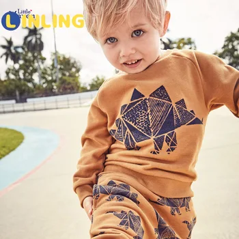 LINLING Jaunā Pavasara Rudens Bērnu Apģērbs Džemperi, Kostīms Bērniem Ilgi Sleeveprinted Dinozauru Top Garas Bikses Ikdienas Tērps 2 Gab V474