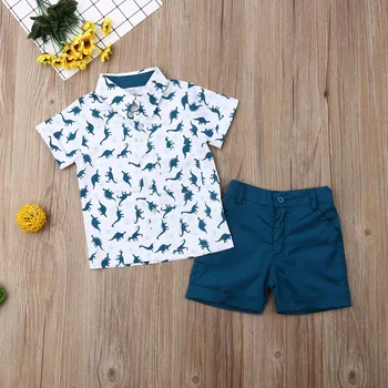 Lioraitiin 1-6Years Bērnu Apģērbu Komplekts Baby Boy Dinozauru Kārtas-Apkakle ar Īsām Piedurknēm T-krekls Elsas 2gab Gadījuma Vasaras Apģērbu Komplekts