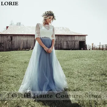 LORIE Putekļainās Zilā Mežģīņu Kāzu Kleitas Pusi Piedurknēm Boho-line Romantiskas Līgavas Kleitas vestidos de noiva 