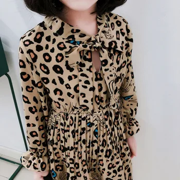 Meitenes Kleita 2019. Gada Pavasarī Bērniem Drēbes Meitenei Pilna Šifona Piedurknēm Leopards Drukāt Bowknot Apkakles Kleitu Bērnu Kostīms Puse Kleita 2-8Y