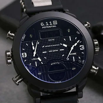 Mens Watch militārās sporta Kvarca rokas pulksteņus 3 laika zonu pulksteņu vīriešiem LED digitālo Lielā Skatīties Vīriešu Relogio Masculino