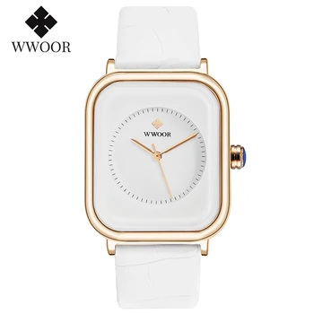 Modes Sieviešu Pulksteņi 2020. gadam WWOOR Pavisam Baltas Ādas Taisnstūra Minimālisma Skatīties Dāmas Kvarca Kleita Rokas Pulksteņi zegarek damski