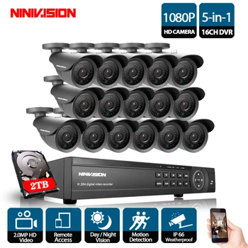 NINIVISION 16CH VIDEONOVĒROŠANAS Sistēma 1080P DVR Komplekts AHD CCTV Video Ieraksti 1920*1080 2.0 MP Uzraudzības Drošības Kameras, kas ar 2 TB HDD