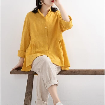 Pavasara Korejas Modes Sievietes ar garām Piedurknēm Zaudēt Dzeltenie Krekli, Kokvilna Blusas Mujer visiem atbilstības Gadījuma Blūzes Plus Lieluma S693