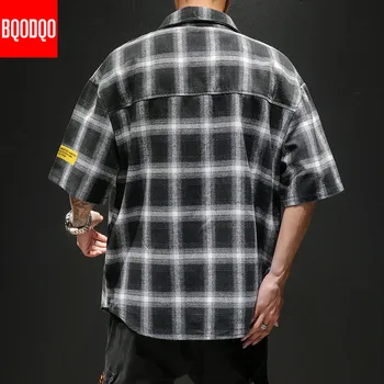 Pleds Ar Īsām Piedurknēm Krekls Vīriešiem Melna Balta Harajuku Ikdienas Krekli Japāņu Modes Vīrietis Lielgabarīta Vasaras Militāro Streetwear Topi