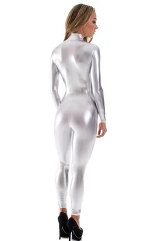 Priekšējā Zip Sudraba Catsuits Sieviešu garām Piedurknēm Melnā Catsuit Spandex Likra Bodysuits Spīdīga Metāla Unitard Dancewear Zentai Uzvalks