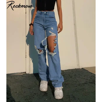 Rockmore Vintage Augsta Vidukļa Džinsus Ar Caurumiem, Baggy Sieviešu Taisnas Bikses y2k Estētisko Kokvilnas Streetwear Džinsa Bikses Brīvs