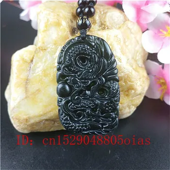 Sertificēti Ķīnas Dabas Black Green Jade Dragon Kulons Pērles Kaklarota Šarmu Rotaslietas Obsidian Cirsts Amuletu, Dāvanas Vīriešiem