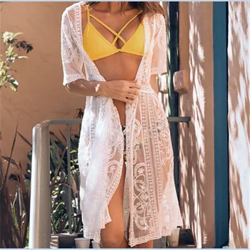 Sexy Balta Mežģīņu Tamborēšanas Pludmales Kleita Sieviešu Peldkostīms Cover-ups Brazīlijas Bikini, Peldkostīmi, peldkostīms Redzēt Cauri Vaļīgas Drēbes