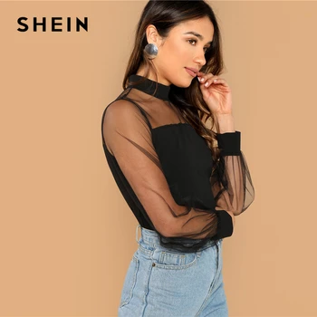SHEIN Black Biroja Dāma Cietā Milzīgais Acs Jūgs Stand Apkakli, garām Piedurknēm Blūze Rudens Modes Apģērbi Sievietēm, Topi Un Blūzes