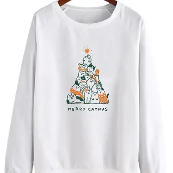 Sporta krekls PRIECĪGUS CATMAS KRĀSAINS Grafikas Iespiestas Cute Kaķu Mīļotājiem Ziemassvētku Džemperis, Džemperi Smieklīgi Kokvilnas, ar garām Piedurknēm Apģērbs