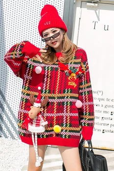 Taizemes ielu modes Ziemassvētku džemperis sieviete ilgi sadaļā slinks vēja krāsu karikatūra sequined personības džemperis džemperis sievietēm
