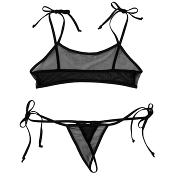 TiaoBug Sievietes Acs Milzīgais Apakšveļa Komplekts Redzēt Cauri Mini Bikini, Self-tie Mikro Krūšturis Topi ar G-String Hot Sexy Apakšveļu, Naktsveļu