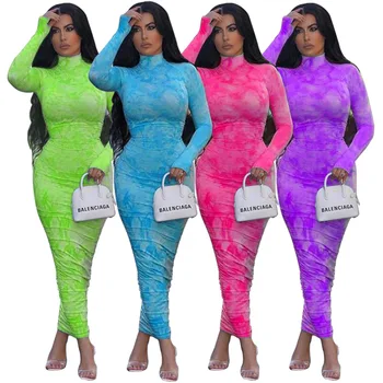 Tie Krāsu Drukas Sexy Kroku Bodycon Kleita Sievietēm 2020. Gada Vasaras Augstu Uzrullētu Apkakli Ar Garām Piedurknēm Maxi Kleitas Streetwear Izdilis Vestidos