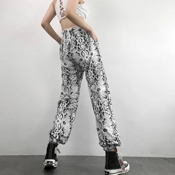 XUXI Taisnas Kājas Rudens 2020. Gadam Sieviešu Bikses Python Drukāšanas Zaudēt Modes Cilpu Streetwear Augsta Vidukļa Gadījuma Plānas Bikses FZ2440