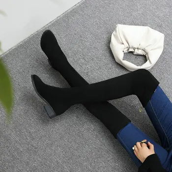 ZawsThia mīksts mākslīgās zamšādas sieviešu slim overknees zābaki apaļu purngalu chunky augstpapēžu kurpes sieviešu pār-the-ceļgala augšstilba augstpapēžu zābaciņi pelēkā zābaki