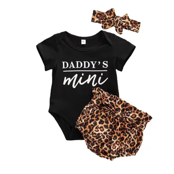 0-18M Nesen Summer Infant Baby Meiteņu Apģērbu Komplekti 3pcs Vēstuli Leopards Drukāt Īsām Piedurknēm Romper Topi+Šorti Galvas stīpa