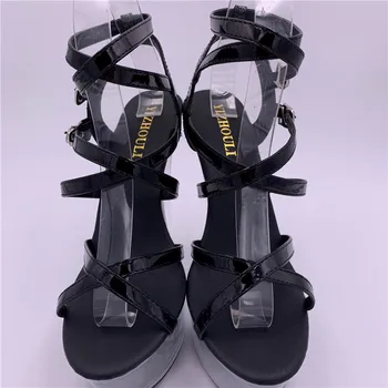 15cm ultra augsta papēži, seksīga platforma ar caurspīdīgu kristālu sandales 6 collu sieviešu kurpes melnā sniegumu apavi