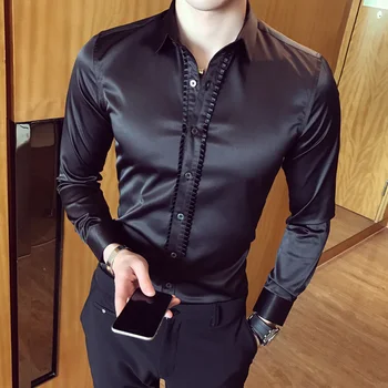 2018 Ironless pretgrumbu Zīda Gluda Auduma Vīriešu garām Piedurknēm Krekls Balts Modes Vakariņas Slim Vīriešu Krekls korejiešu Vīrieši