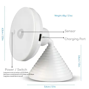 360 Grādu Rotācijas LED Nakts-Gaismas Akumulatora Kustības Sensors USB Lādējamu Nakts Gaisma Telpā, Guļamistaba, Koridors, Kāpnes