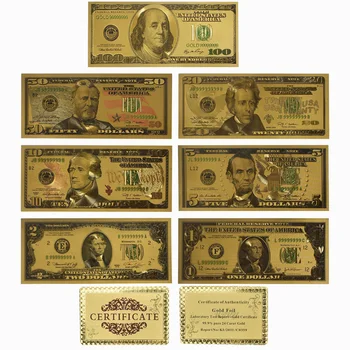 7 GAB./Komplekts Zelta apdari 24K Zelta Pārklājumu Dolāru USD Banknošu Kolekcija