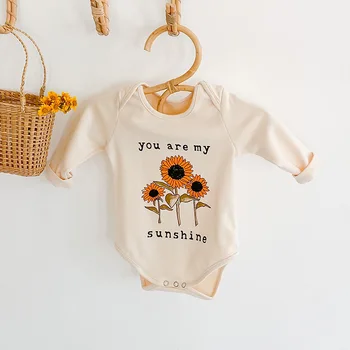 Baby meitenes bodysuit garām piedurknēm saulespuķu modelis baby meiteņu drēbes jaundzimušais zēns, meitene apģērbs