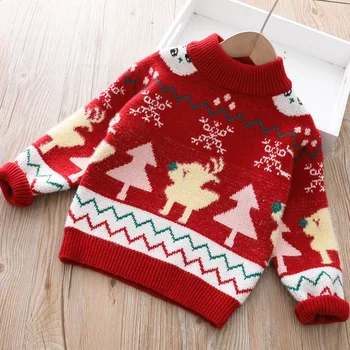 Bērniem bērnu, meiteņu un zēnu ziemas kokvilnas gadījuma pilnu piedurknēm ZIEMASSVĒTKI outwear topi toddler bērniem Ziemassvētku adīšanas mētelis, džemperis 2-7Y