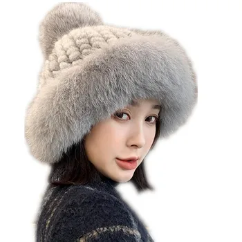 Cepuri sieviešu ziemas nekustamā ūdeļu kažokādas cepures ar lielu īstas lapsas kažokādas pompom meitene beanies 2020 