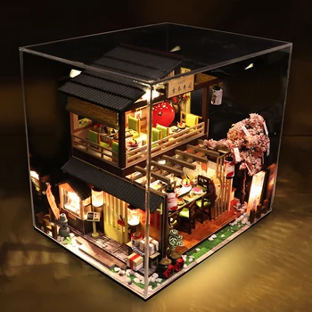 DIY Koka Namiņš Japāņu Suši Bārs Arhitektūras Leļļu Māju Miniatūras ar Mēbelēm, Rotaļlietām Bērniem, Draugu Dzimšanas dienas Dāvana